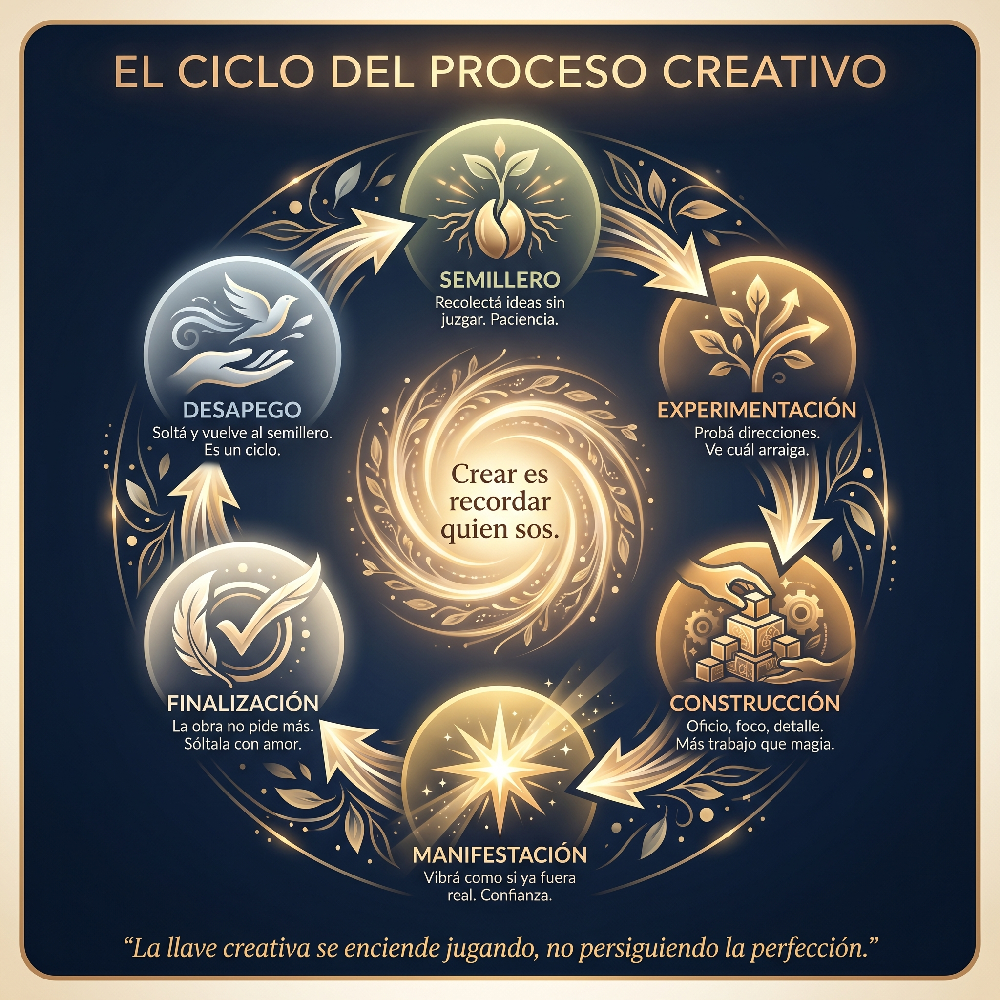 Ciclo del proceso creativo: Semillero → Experimentación → Construcción → Manifestación → Finalización → Semillero